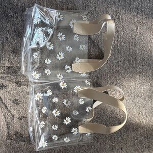 Clear Floral Tote Bag with Beige Handles
